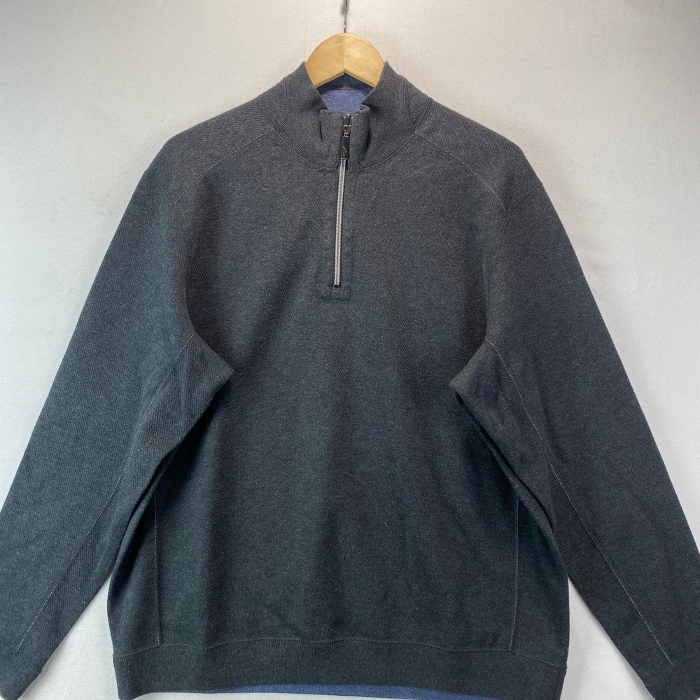 Tommy Bahama Reversible Quarter Zip Pullover Mens M Gray Blue Cotton Sweater